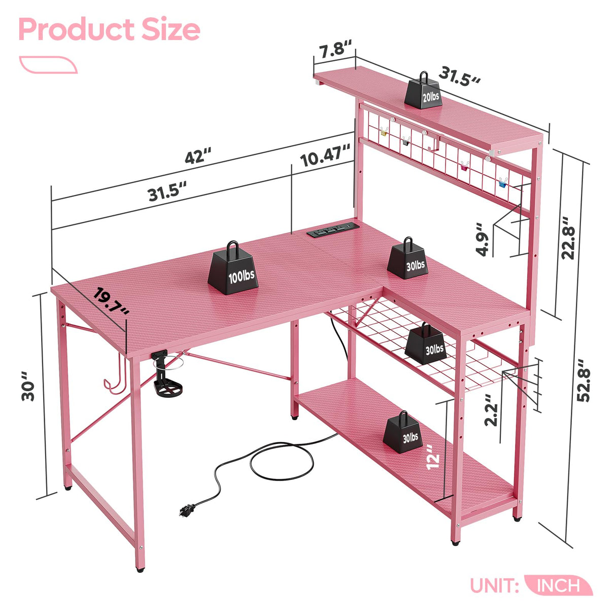 42 L Gaming Desk,Computer Desk with Power Outlets, LED Lights, Reversible Corner Desk with 4-Tier Shelves,Cup Holder & Hook Carbon Fiber Pink