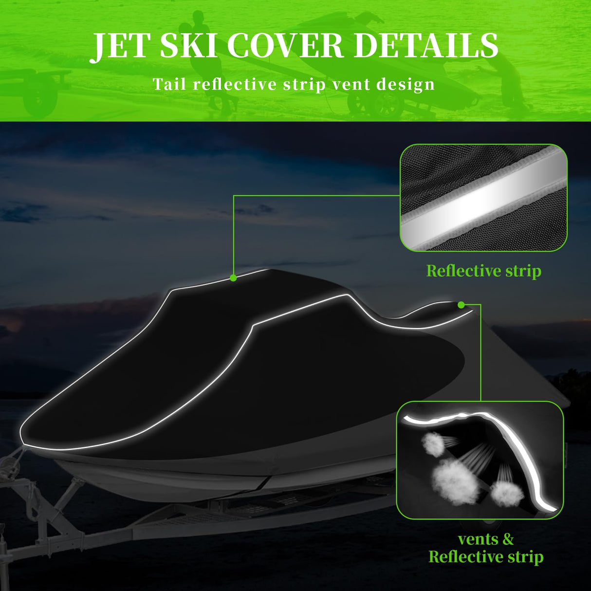 Jet Ski Cover, Heavy Duty Waterproof 210D PWC Cover with Air Vents and Reflective Strips, Fits Seadoo Yamaha GTX Kawasaki Honda Polaris 2 Seater Lengths (Black&Gray)