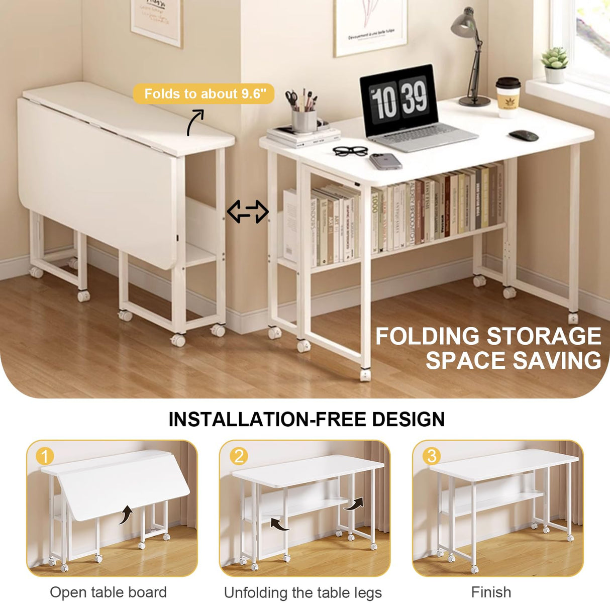 Mobile Computer Desk, Home Office Desk with Wheels for Computer Workstation, No Assembly Needed Foldable Small Study Writing Desk Gaming Table (with shelve, 80 x 58 x 75 CM)