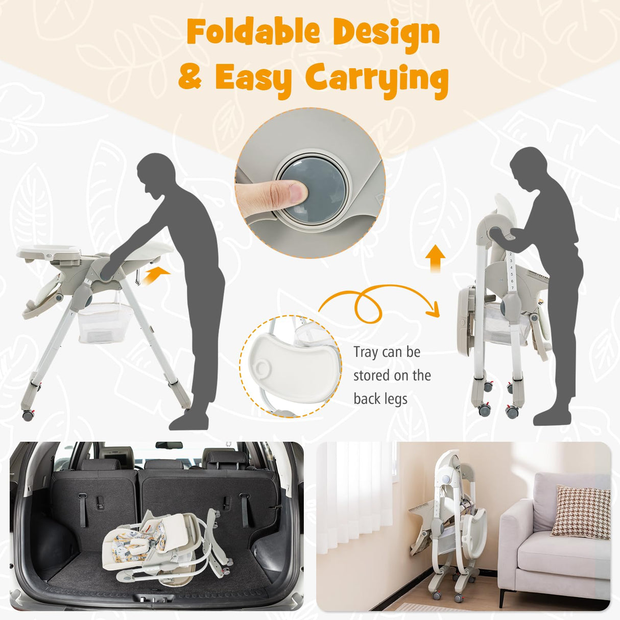 High Chair for Babies & Toddlers, Folding Baby High Chair w/Rolling Wheels, Adjustable Height, Footrest & Backrest, Removable Meal Tray, Space Saver High Chair for 6-36 Months (White)