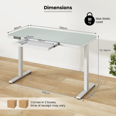 Electric Standing Desk with Drawer, Height Adjustable Desk with Whole Piece Tempered Glass Top, Sit Stand Desk with 2 Memory Positions & USB Type-C Outlets for Home Office 120x60 cm