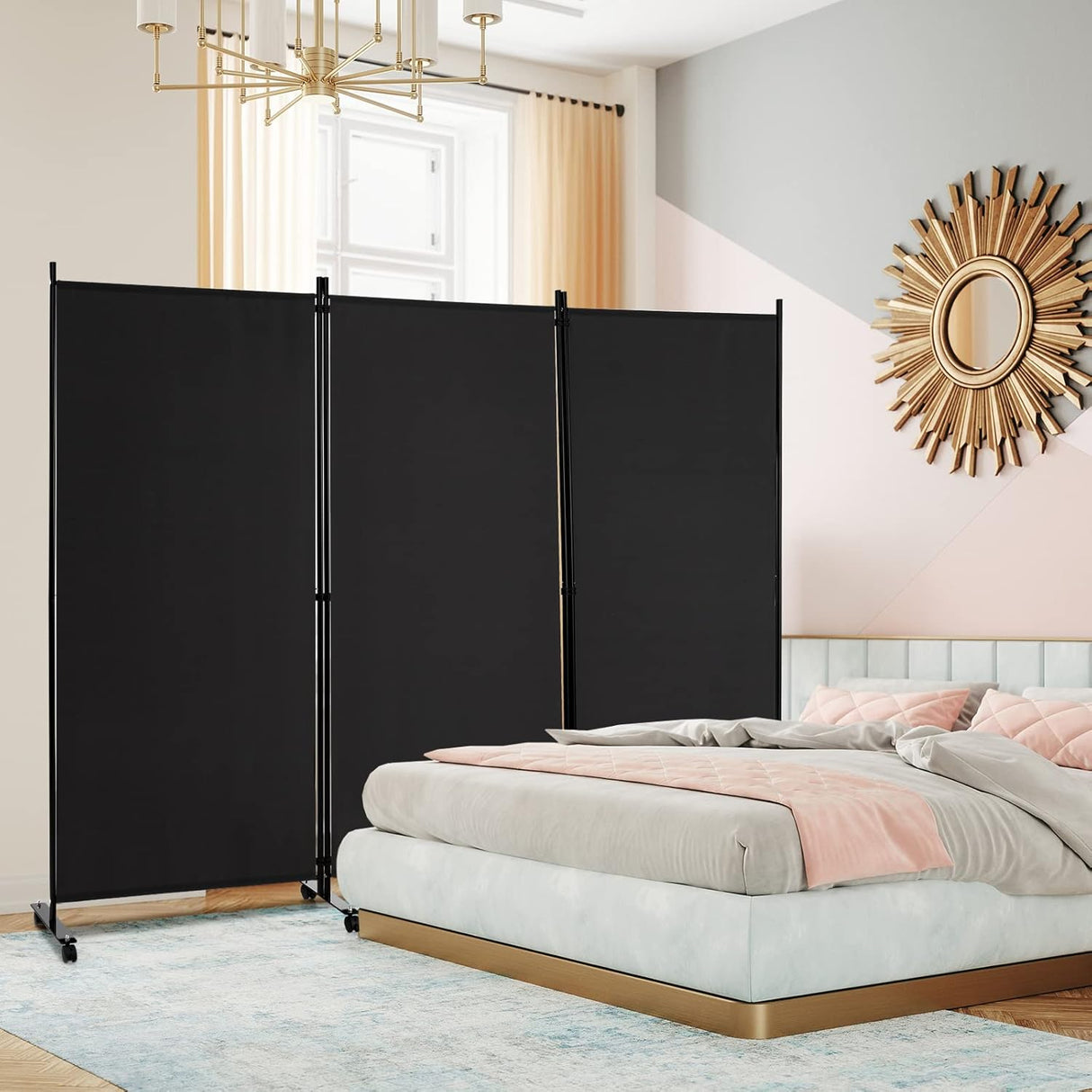 3 Panels Folding Privacy Screen, 180cm Tall Room Divider with Metal Frame & Wear-Resistant Fabric, Freestanding Partition Wall Divider with Rolling Wheels for Home, Office, Hospital