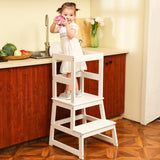 Kids Kitchen Step Stool for Kids with Safety Rail,Solid Wood Construction Toddler Learning Stool, Montessori Toddlers Kitchen Stool Tower (White)