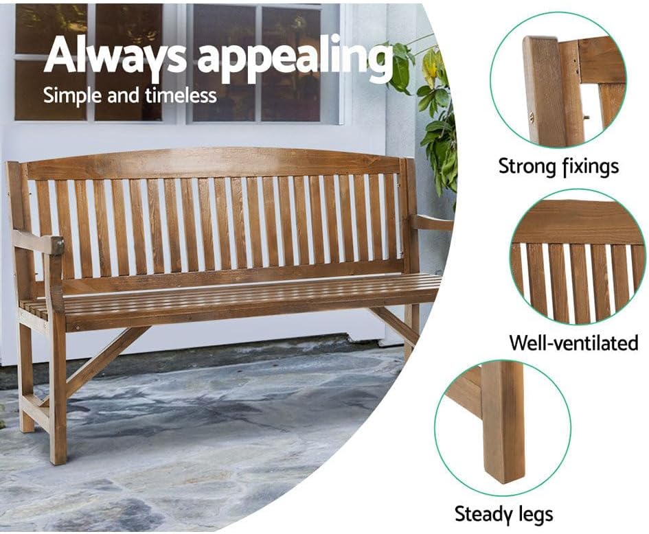 Outdoor Garden Bench Seat, 160cm Length Wooden Benches Relax Lounge Chair Dining Chairs Lounger Park Patio Porch Backyard Terrace Balcony Kids Furniture, 3 Timber Water-Repellent