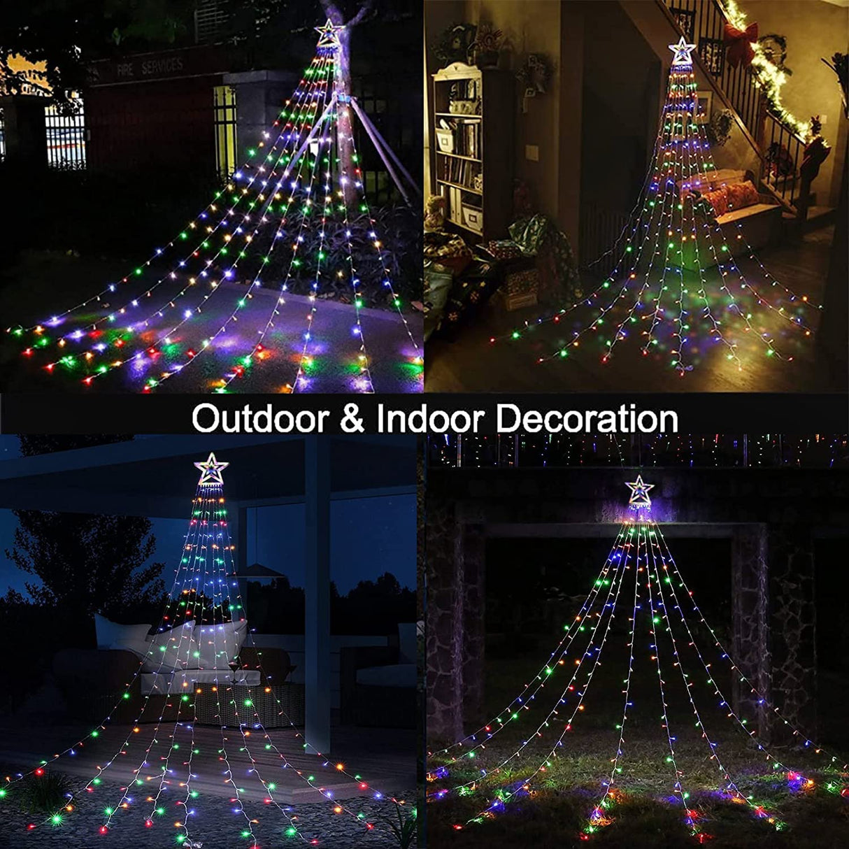 3.5m Christmas Star Lights 350 LED Outdoor Christmas Tree Lights, Waterproof LED Light of 8-Light Modes, Waterfall Christmas Lights with Solar, Decor for Christmas Tree,Yard,Party (Solar)