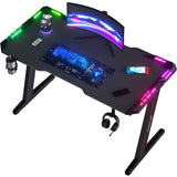 Gaming Desk LED Gaming Workstation RGB Light Computer Desk Z Shaped, Black Pc Desk with Carbon Fiber Surface Cup Holder & Headphone Hook, (120 * 60 * 75cm)