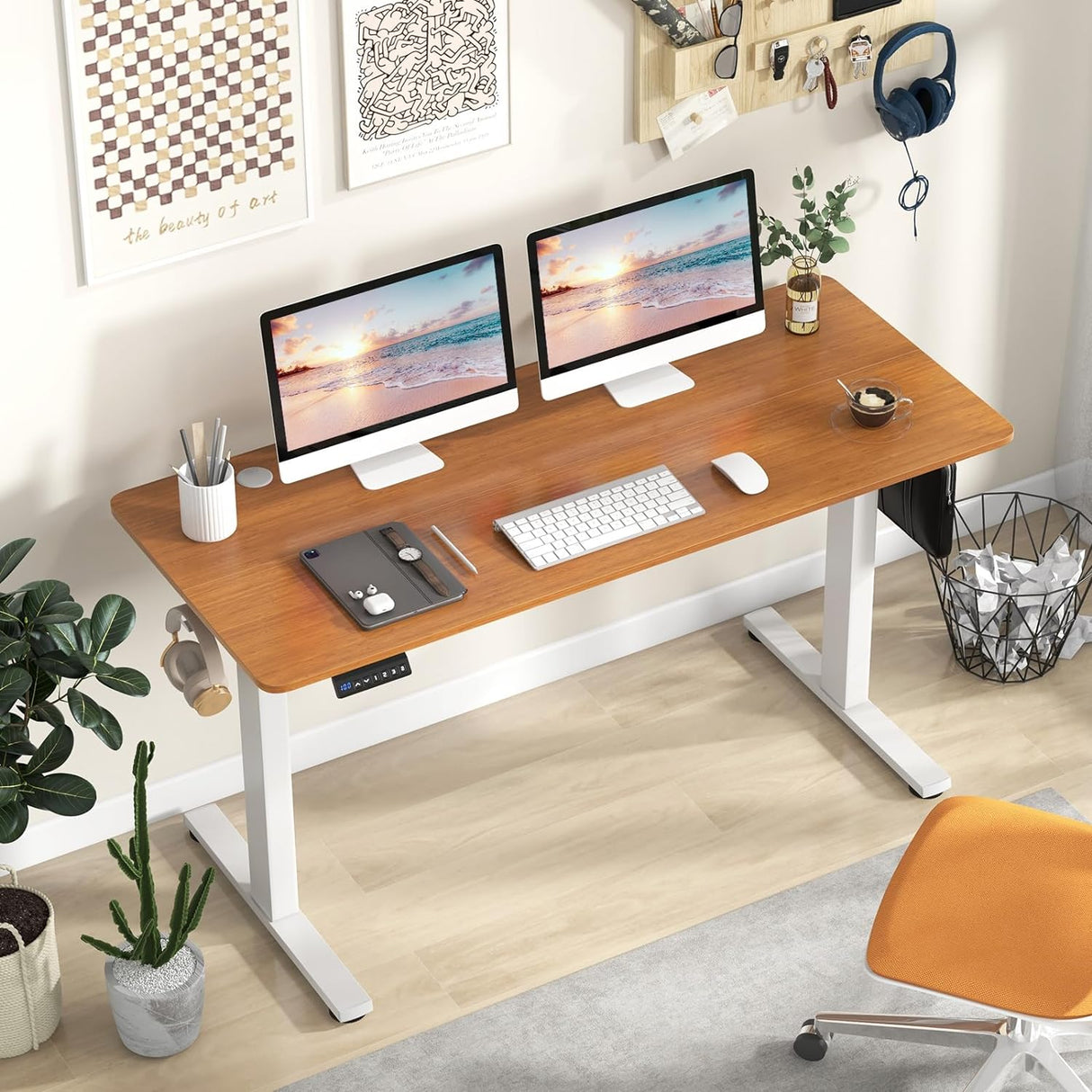 Electric Standing Desk, 140 x 60 cm Sit Stand Home Office Desk with 3 Memory Height Settings, Height Adjustable Computer Desk with 2 Hanging Hooks & Cable Management