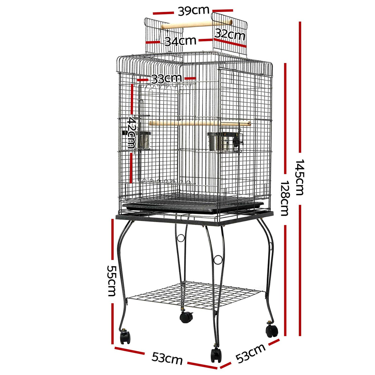 Bird Cage 53 x 53 x 145cm Large Guinea Pig Pet Birds Parrot Ferret Cages Aviary Budgie Finch Canary Stand Toys,Black 2 Perch with Wheel + Slide-Out Removable Tray