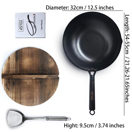 Carbon Steel Wok for Electric, Induction and Gas Stoves (Lid, Spatula and User Guide Video Included)