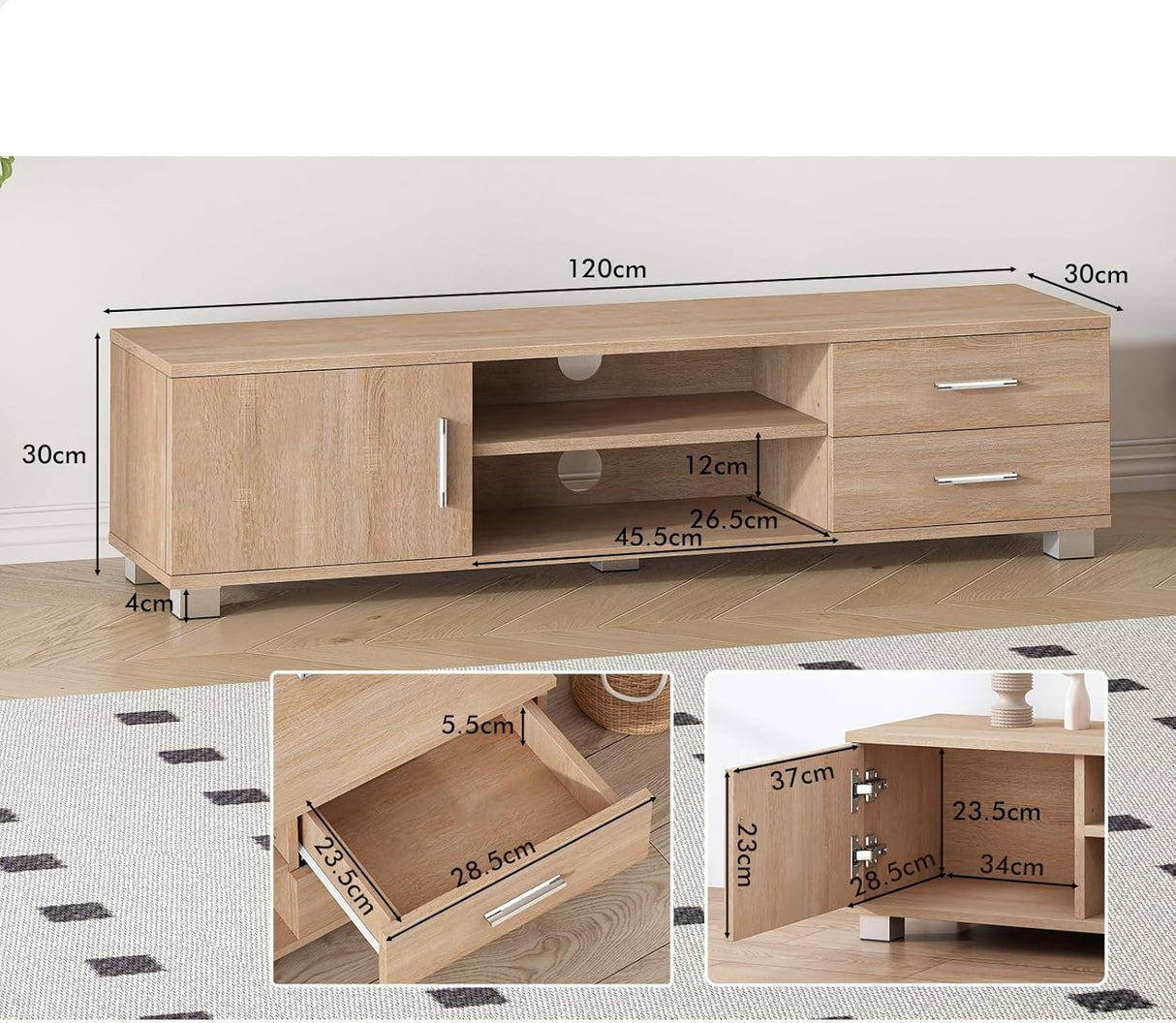 TV Cabinet Stand with 2 Drawers, 2 Shelves and Storage Cabinet, Modern Furniture Entertainment Unit for Living Room, Multimedia Centre, 120 x 30 x 30cm