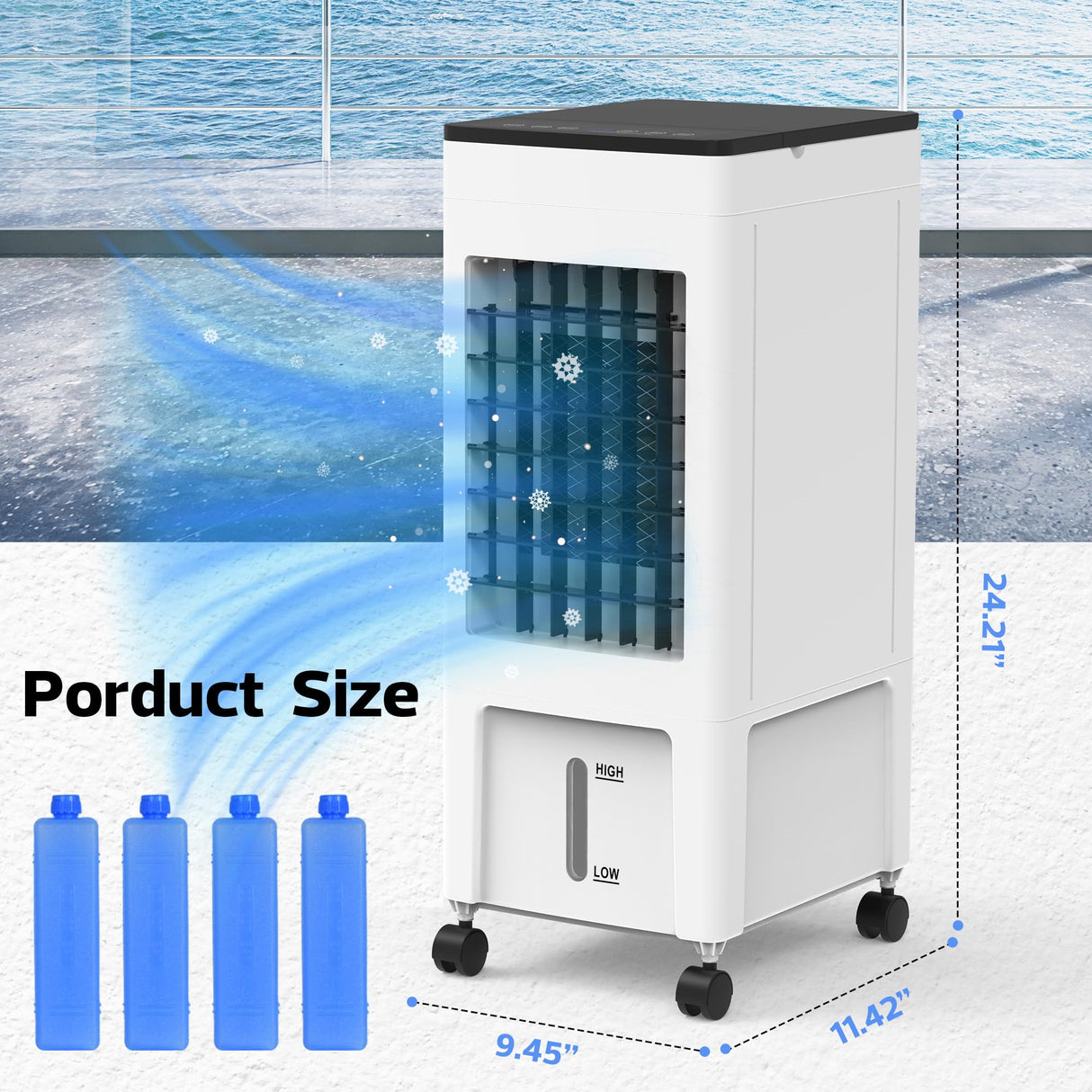 Evaporative Air Cooler, 3-IN-1 Portable Air Cooler with 8L Water Tank, Air Conditioner Fan with Timer, 3 Speed, 4 Ice Crystal Box for Room Home Office Indoor Use