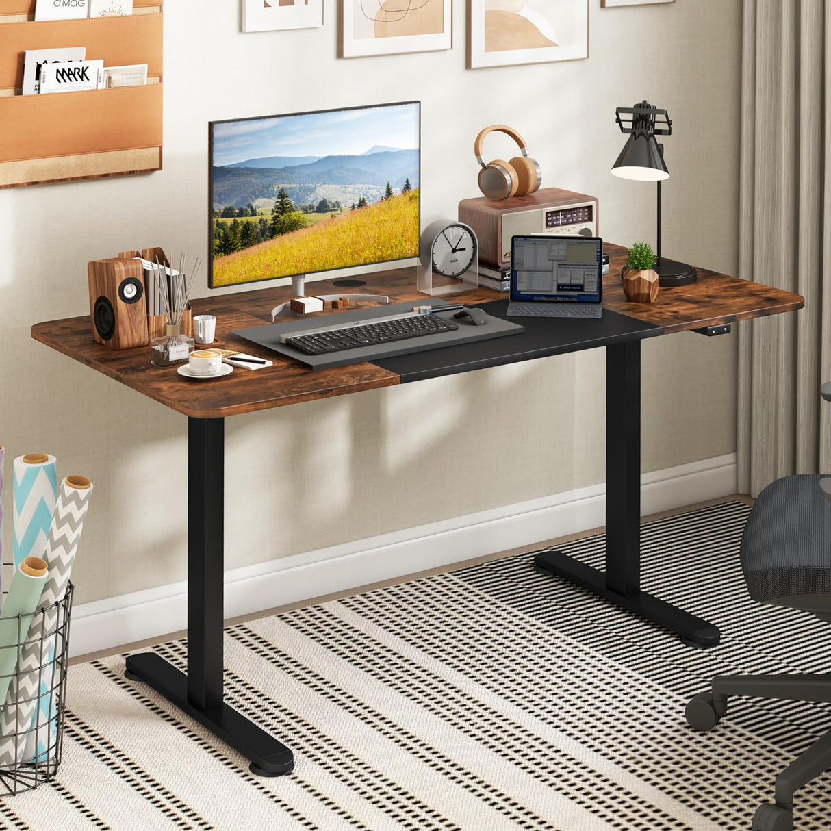 Large Electric Standing Desk, Height Adjustable Sit to Stand Desk, Metal Frame & Powerful Motor, Button Controller, Ergonomic Standing Workstation (Rustic Brown) 140 x 70cm