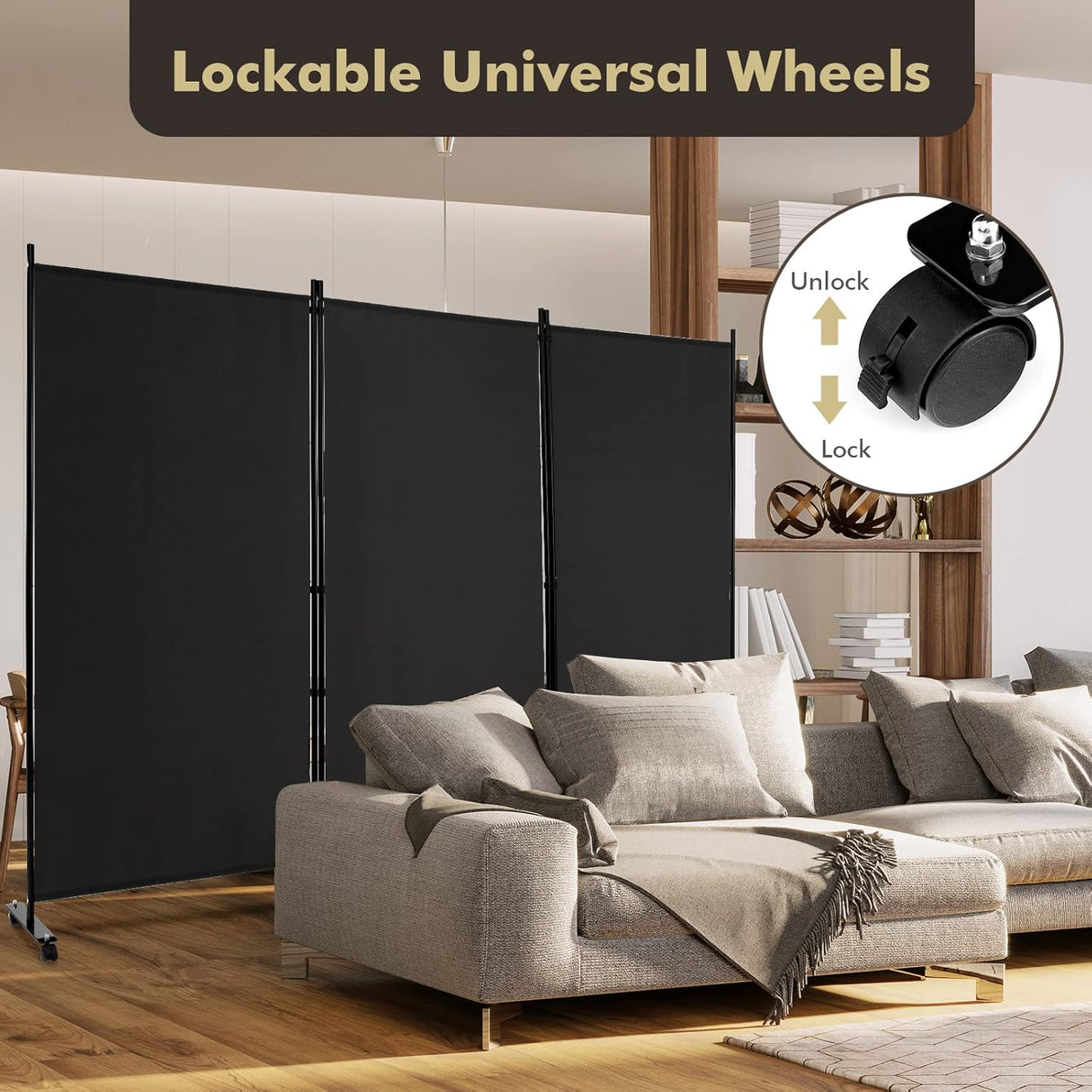 3 Panels Folding Privacy Screen, 180cm Tall Room Divider with Metal Frame & Wear-Resistant Fabric, Freestanding Partition Wall Divider with Rolling Wheels for Home, Office, Hospital