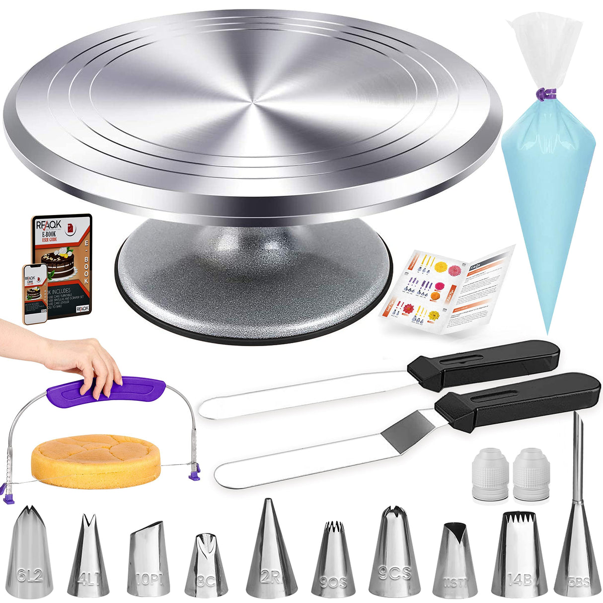 50-in-1 Aluminum Alloy Rotating Cake Turntable-12 Revolving Cake Stand- Professional Cake Decorating Supplies Kit with Straight & Offset Icing Spatula-Numbered Icing Tips & Piping Bags-Leveler