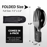 4-in-1 Camping Utensils, 2-Pack, Portable Stainless Steel Spoon, Fork, Knife & Bottle Opener Combo Set - Travel, Backpacking Cutlery Multitool, Army Green