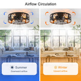 20in Caged Ceiling Fan with Light,Bladeless Black Fandelier Ceiling Fan with Remote,Industrial Farmhouse Flush Mount Ceiling Fan Light Fixtures for Kitchen,Bedroom, Living Room