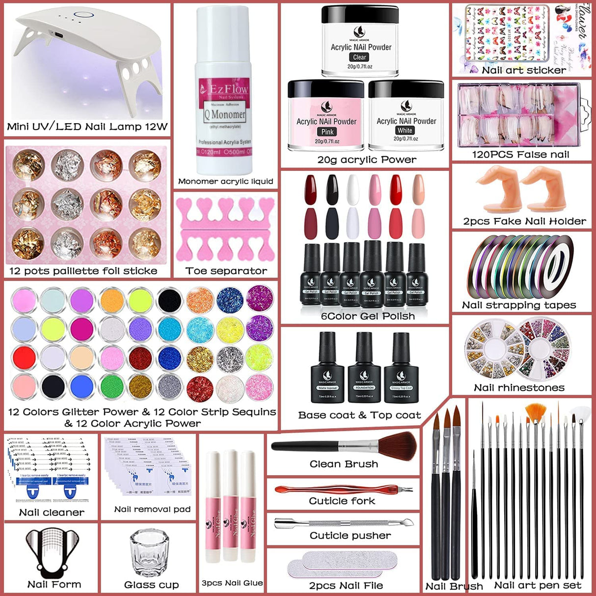 Acrylic Nail Kit with Everything - Nail Art Supplies Kit Acrylic Powder Liquid Monomer Nail Extension Kit with 12W UV Light Glitter UV Gel Acrylic Nails Brush Nail Extension Kit for Beginners