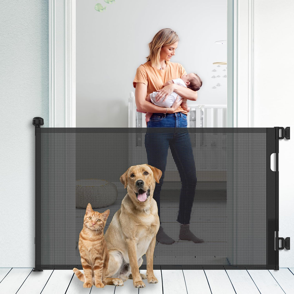 Upgraded Retractable Baby Gate for Stairs, 33"Tall Expands 70"Wide Ideal Safety Solution Dog Gate for Stairs Doorways Hallways Indoor/Outdoor Mesh Baby Gate Retractable Screen Door(Black,86CMx180CM)