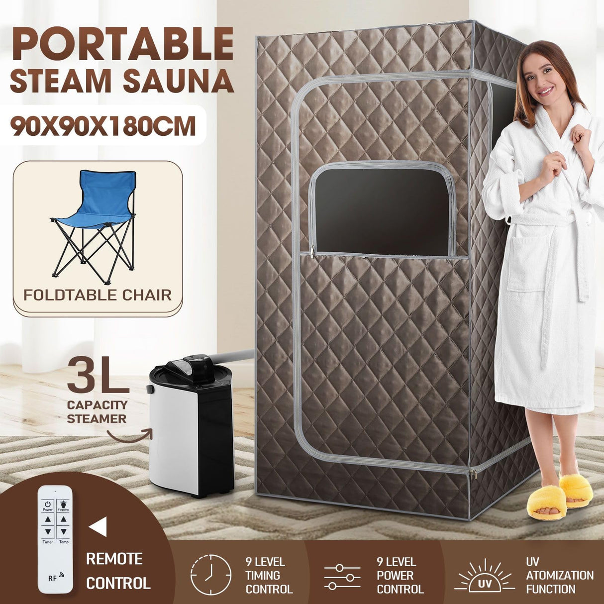 Sauna Steam Tent Foldable Steamer Heating Spa Box Sauna Tent Sauna Box with 3L Steamer, Remote Control, Folding Chair, 9 Levels