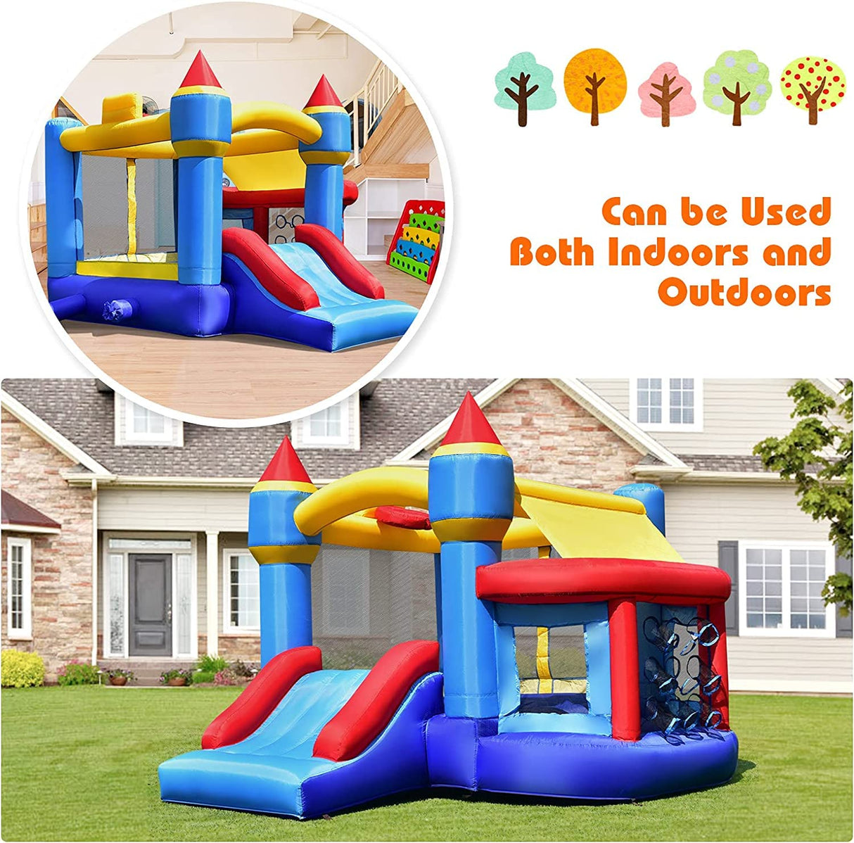 5-in-1 Inflatable Bounce House, Kids Jumper Bouncer w/Slide, Ball Shooting Area, 50 Ocean Balls, Stakes, Outdoor Indoor Jumping Bouncy Castle for Backyard Playground (Without Blower)