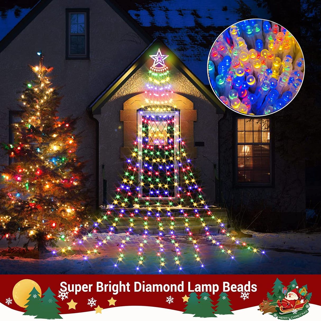 3.5m Christmas Star Lights 350 LED Outdoor Christmas Tree Lights, Waterproof LED Light of 8-Light Modes, Waterfall Christmas Lights with Solar, Decor for Christmas Tree,Yard,Party (Solar)