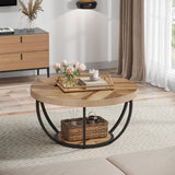 31.7" Round Coffee Table, Industrial 2-Tier Circle Coffee Table with Storage Shelves, Modern Wooden Accent Center Table Sofa Side Table for Living Room, Home Office, Wooden Grain