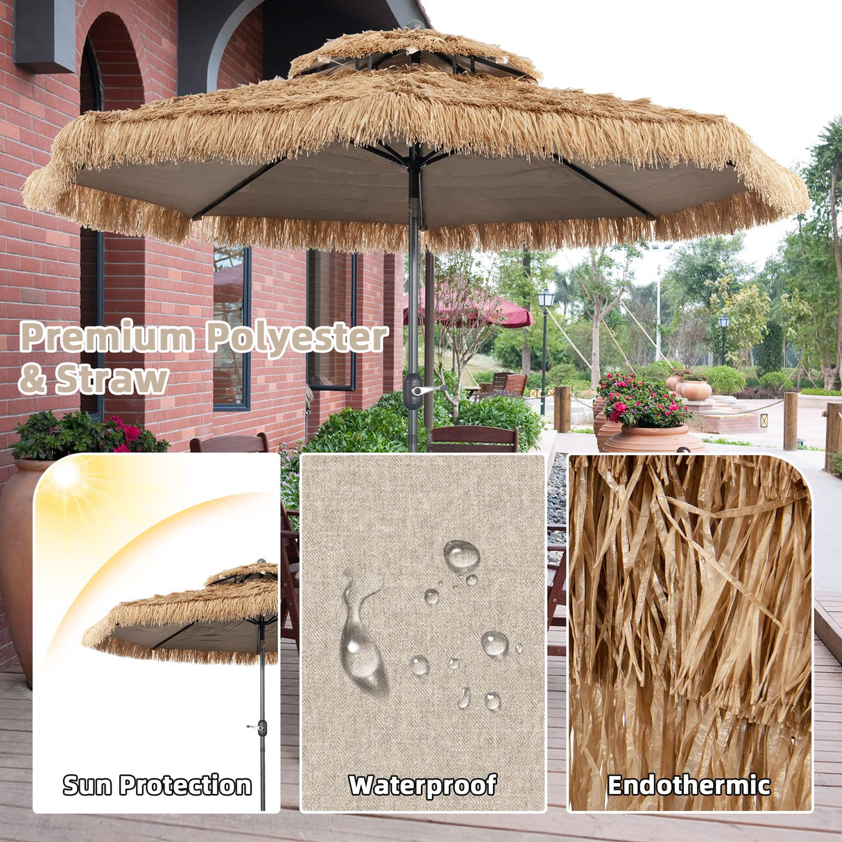 Thatched Tiki Umbrella, Hawaiian Style Patio Beach Umbrella W/8 Ribs, Tilt Adjustment Manual Crank System, Outdoor Umbrella for Poolside, Beach, Courtyard, Metal Frame