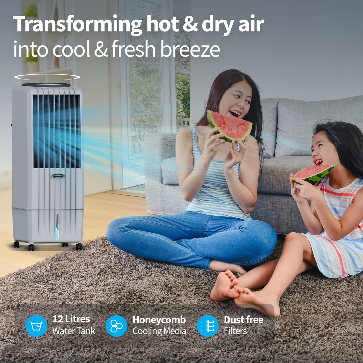 12i Air Cooler (Grey) - Evaporative Air Cooler with i-Pure Technology, Empty Water Tank Alarm & 12L Water Tank - Portable Fan, Humidifier and Cooler for Home, Office, Study Room, Shops