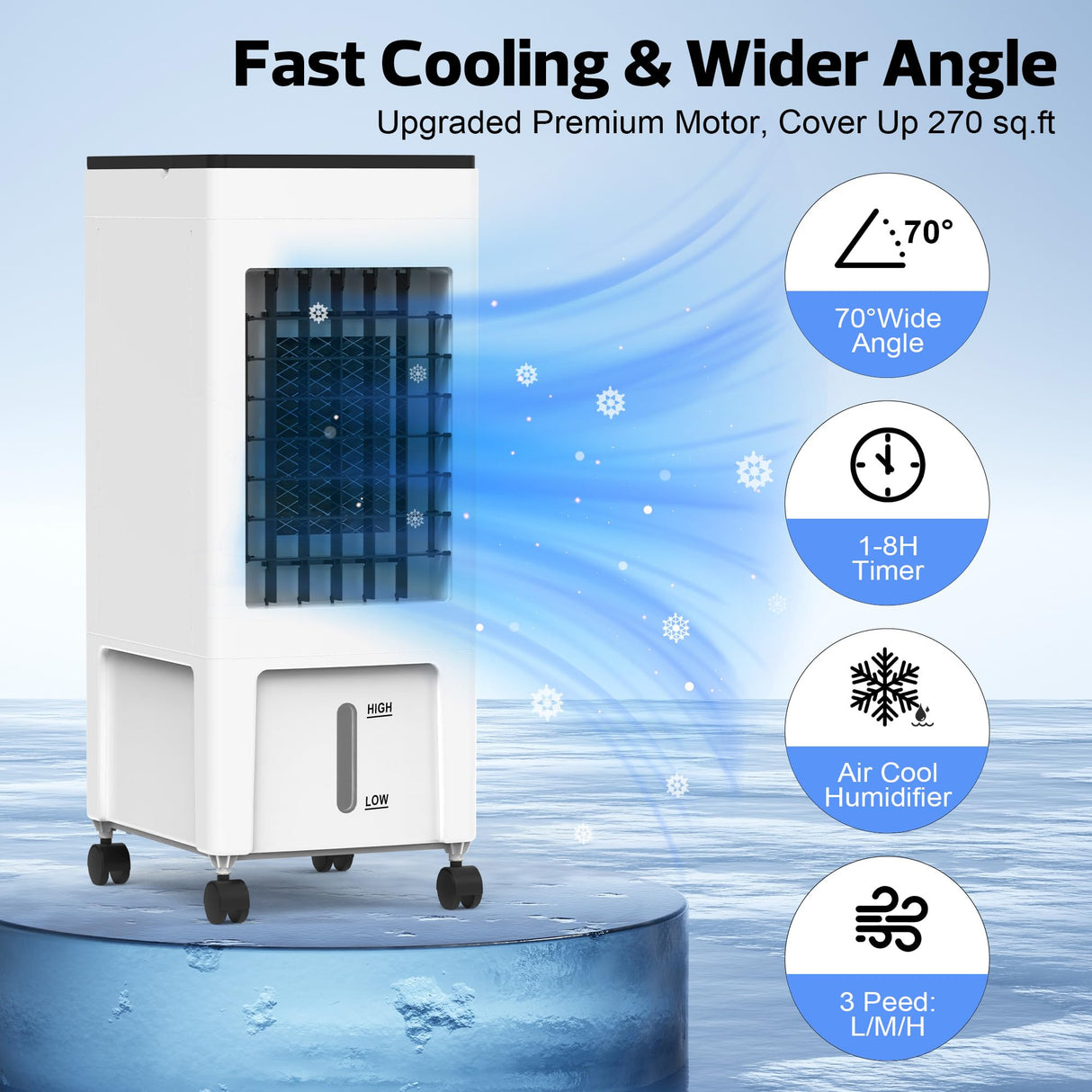 Evaporative Air Cooler, 3-IN-1 Portable Air Cooler with 8L Water Tank, Air Conditioner Fan with Timer, 3 Speed, 4 Ice Crystal Box for Room Home Office Indoor Use