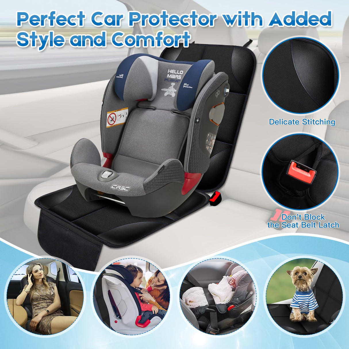 Car seat Protection pad 600D Fabric Carseat Seat Protectors, 2 Pack Seat Protector Under Baby Pet Car Seat with Non-Slip Backing, Thickest Padding, Mesh Storage Pockets