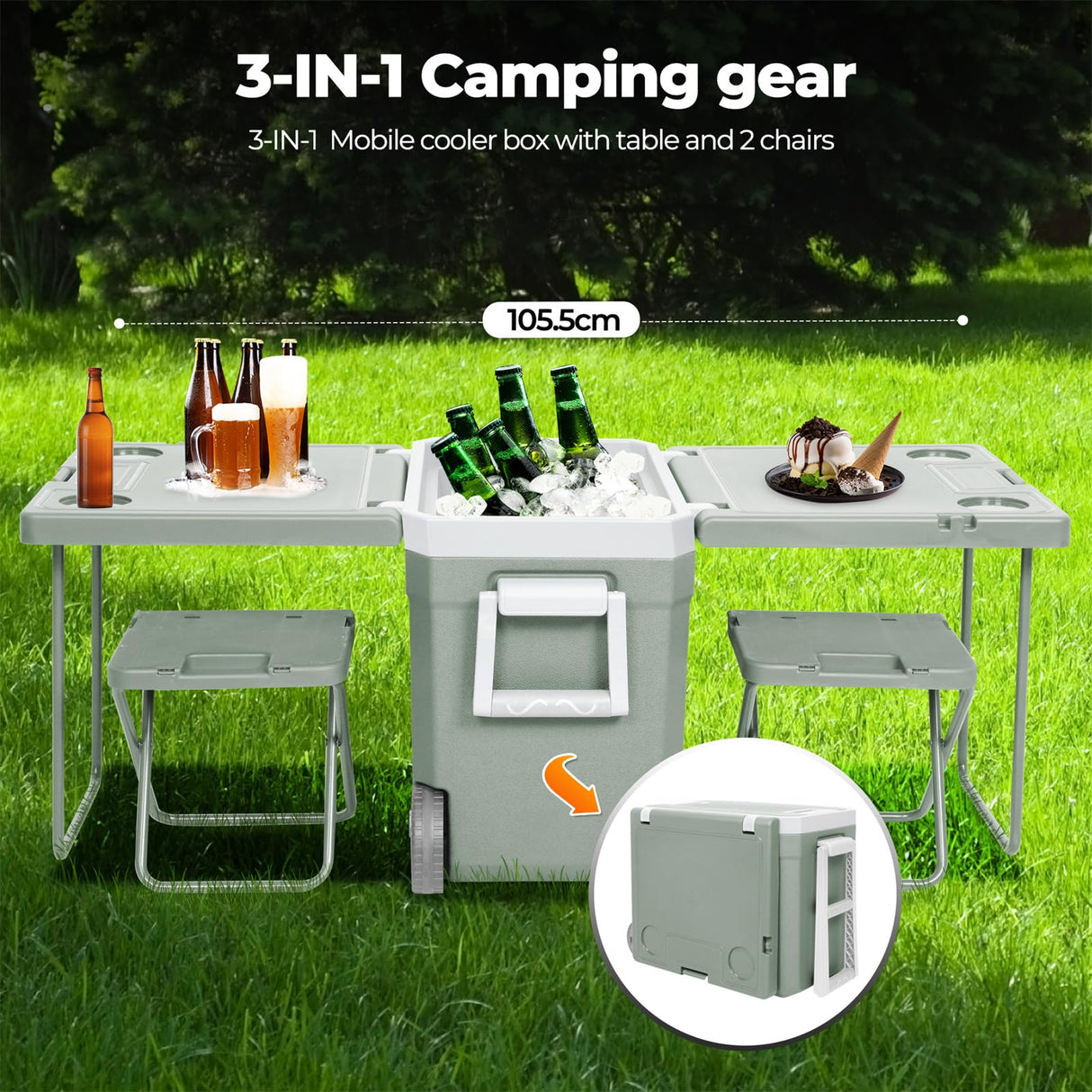 Cooler Ice Box with Table & Chairs, Esky On Wheels,Up to105.5cm, Portable Trolly Cooler Insulated, Durable Design,Hard Cooler Box for Camping, Fishing,BBQ, Picnic,Outdoor