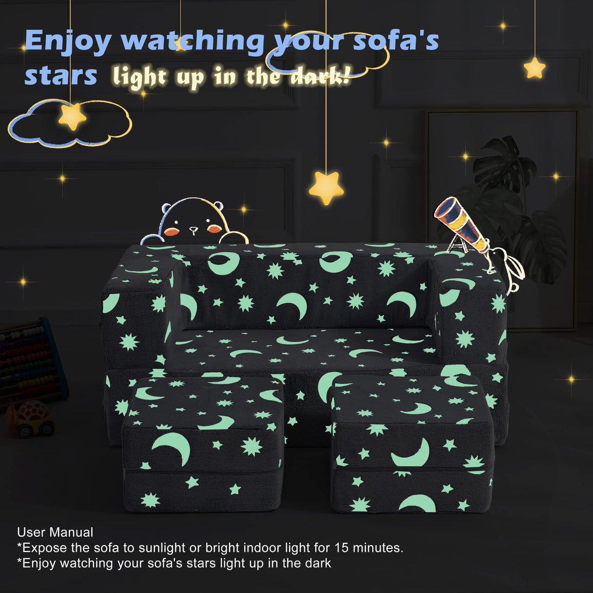 Kids Couch, Glow in The Dark Modular Kids Explore Sofa for Toddler 3 in 1 Fold Out Kids Toddler Sofa, Convertible Plush Toddler Couch with Washable and Durable Covers