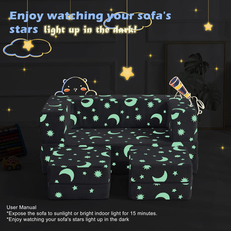 Kids Couch, Glow in The Dark Modular Kids Explore Sofa for Toddler 3 in 1 Fold Out Kids Toddler Sofa, Convertible Plush Toddler Couch with Washable and Durable Covers