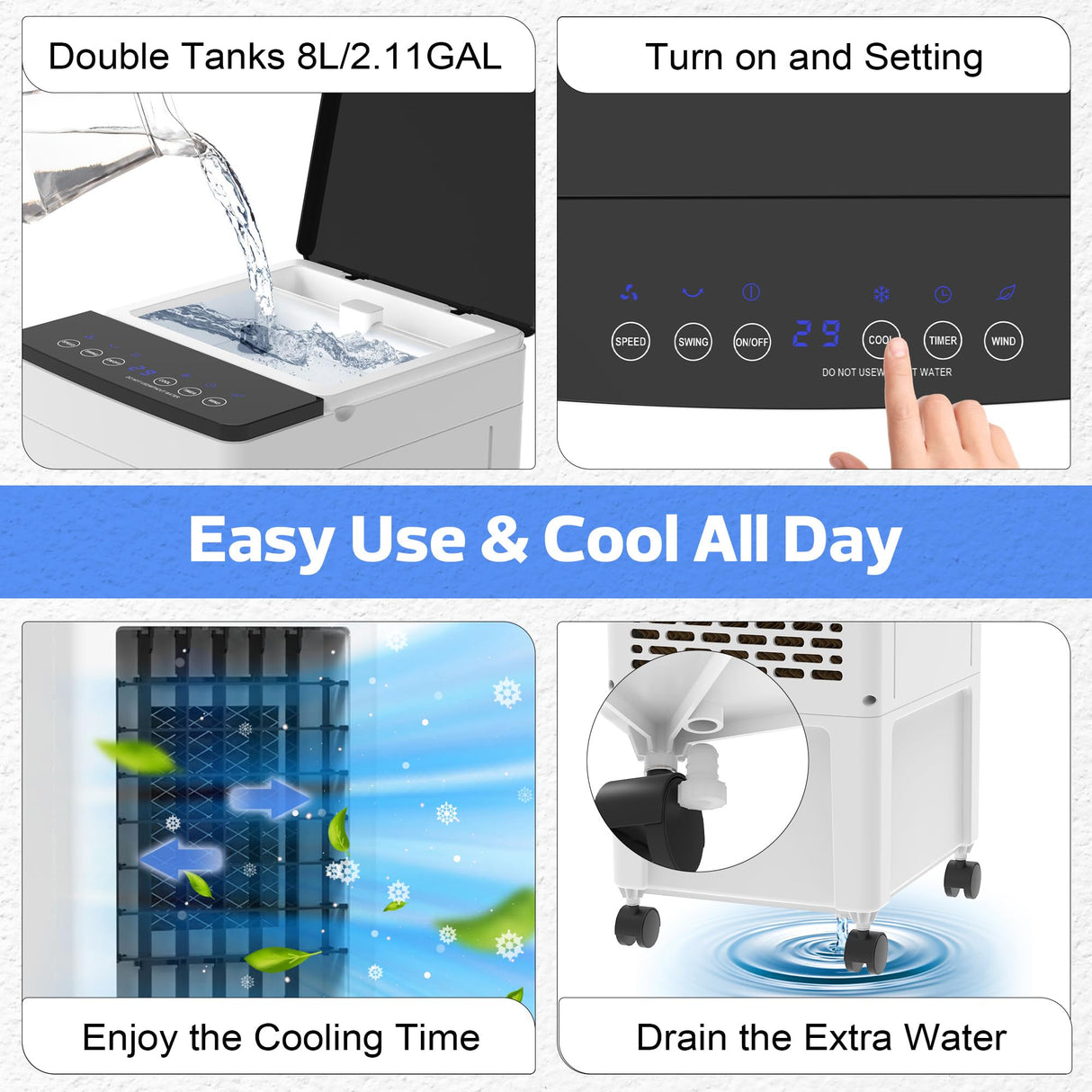 Evaporative Air Cooler, 3-IN-1 Portable Air Cooler with 8L Water Tank, Air Conditioner Fan with Timer, 3 Speed, 4 Ice Crystal Box for Room Home Office Indoor Use