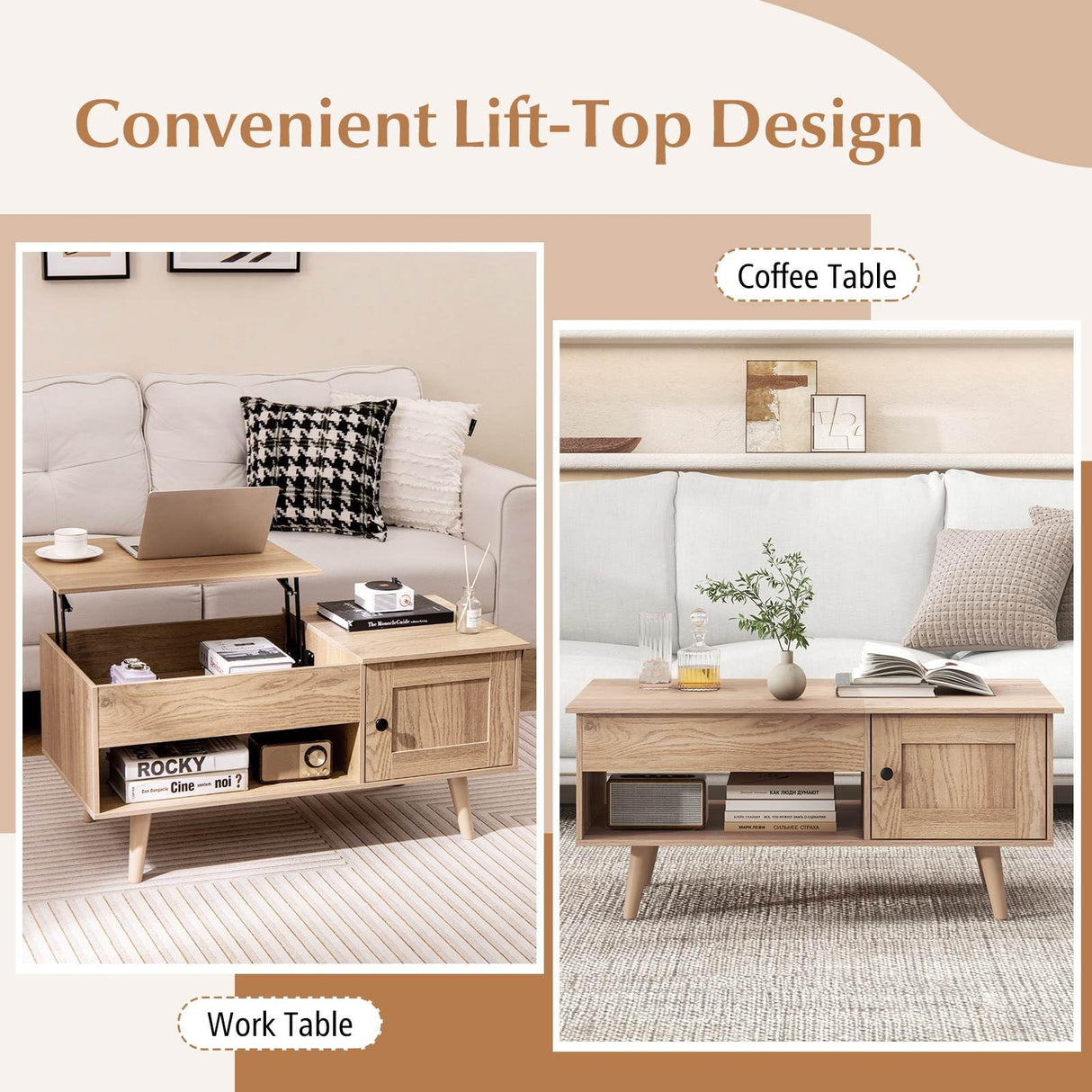 Lift Top Coffee Table with Storage, Living Room Table with Hidden Compartment, Cabinet & Open Shelf, Flip Top Center Table, Pull up Coffee Table for Home, Office