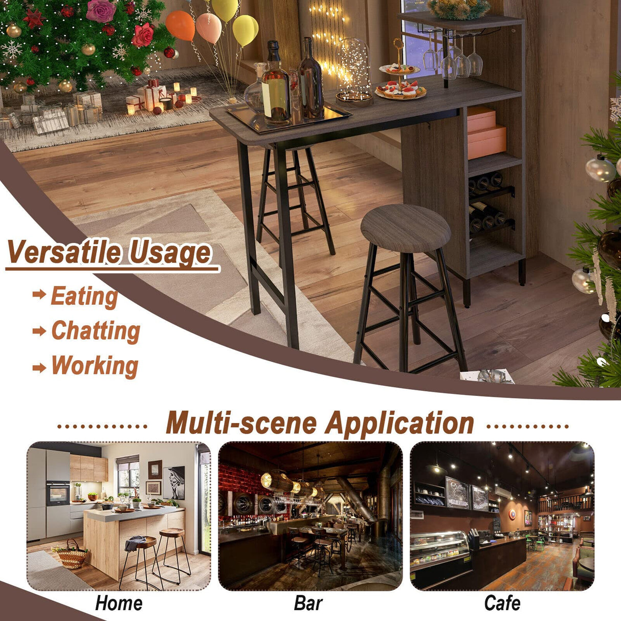 3PCS Bar Table and Chair Set, Industrial Pub Table and Stools with Wine Glass Holders & 6-Bottle Wine Racks, Counter Height Dining Table Set for Living Room Dining Room Kitchen, Brown