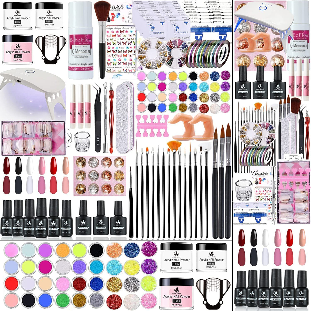 Acrylic Nail Kit with Everything - Nail Art Supplies Kit Acrylic Powder Liquid Monomer Nail Extension Kit with 12W UV Light Glitter UV Gel Acrylic Nails Brush Nail Extension Kit for Beginners