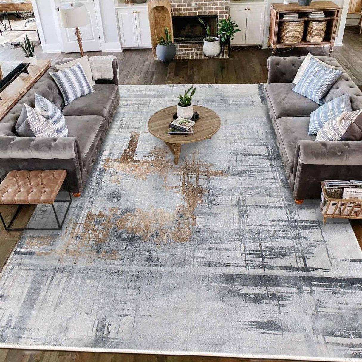 Area Rug Living Room Rugs Grey Modern Luxury Rug Soft Short Pile Carpet Modern Style Decorative Rugs for Living Room Bedroom (Grey/gold)