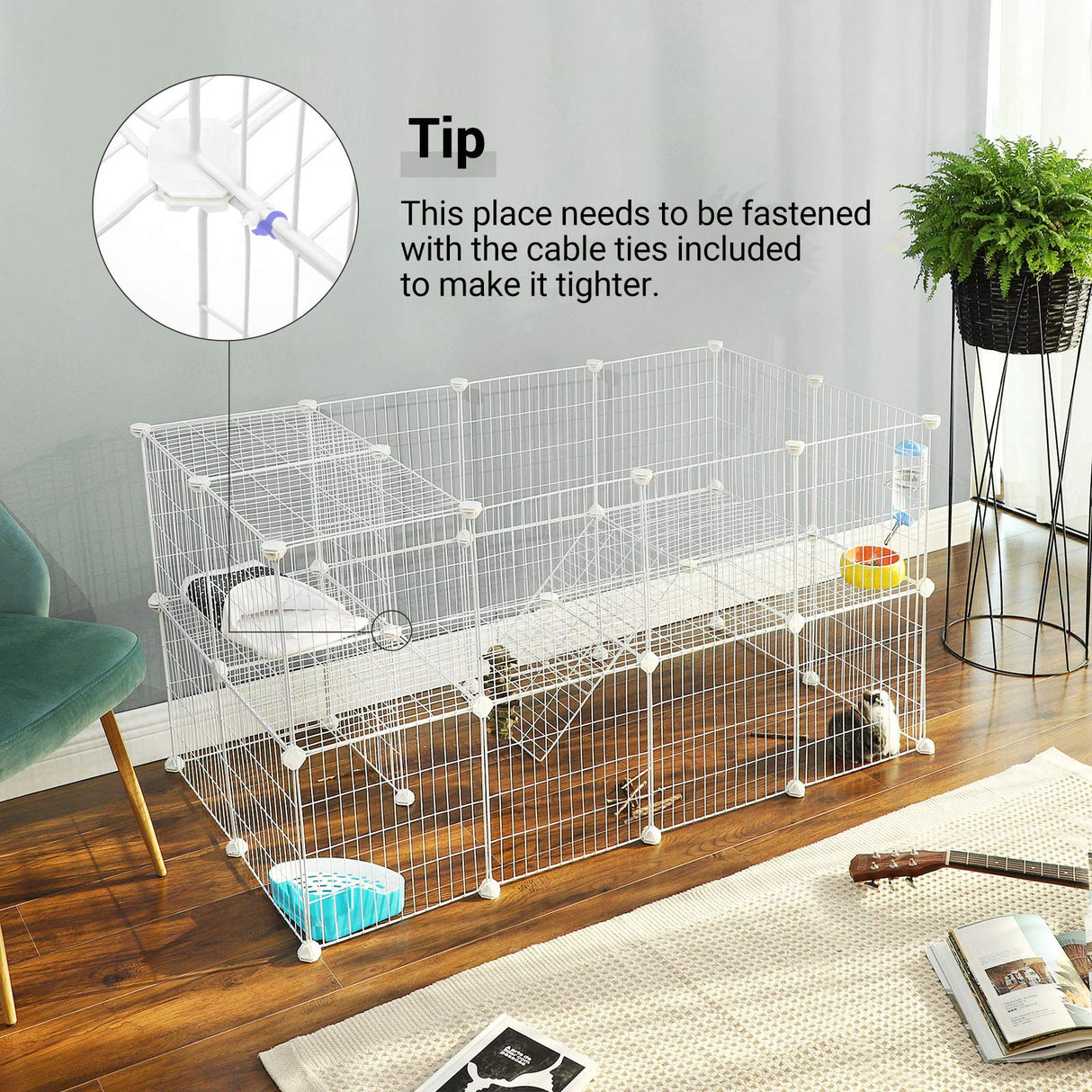 Pet Playpen, Small Animal Playpen, Rabbit Guinea Pig Cage, Zip Ties Included, Metal Wire Apartment-Style Two-Story Pet Premium Villa for Bunnies Puppies, Indoor Use, White