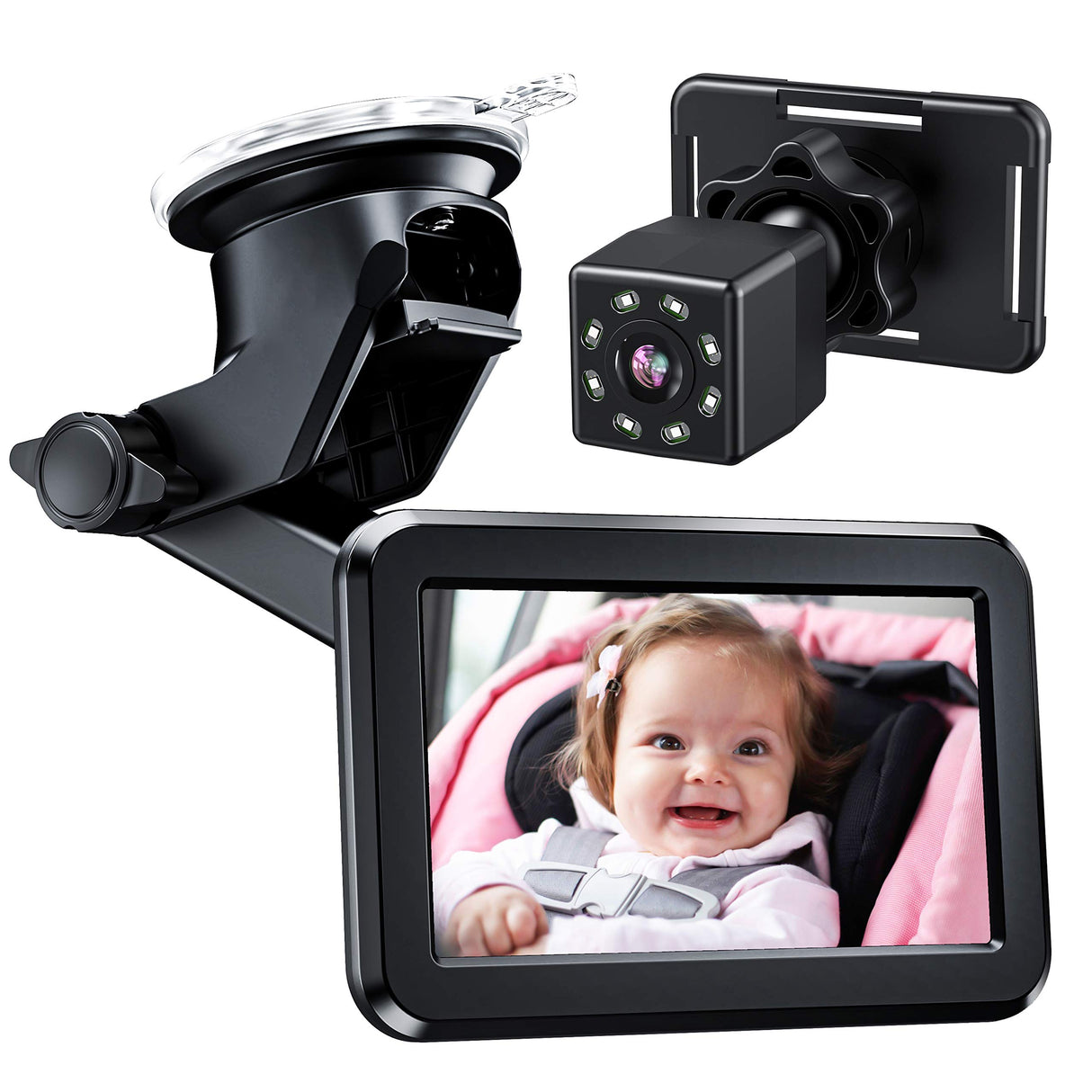 Baby Car Mirror, Back Seat Baby Car Camera with HD Night Vision Function Car Mirror Display, Reusable Sucker Bracket, Wide View, 12V Cigarette Lighter, Easily Observe the Baby’s Move