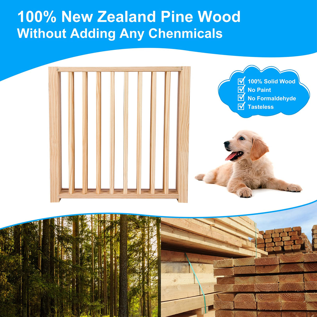 Freestanding Wooden Dog Gates -Foldable Pet Gate Indoor Dog Fence, Dog Gate for Doorways, House, Stairs, Halls-5 Panel 16.9"