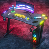 Gaming Desk LED Gaming Workstation RGB Light Computer Desk Z Shaped, Black Pc Desk with Carbon Fiber Surface Cup Holder & Headphone Hook, (120 * 60 * 75cm)