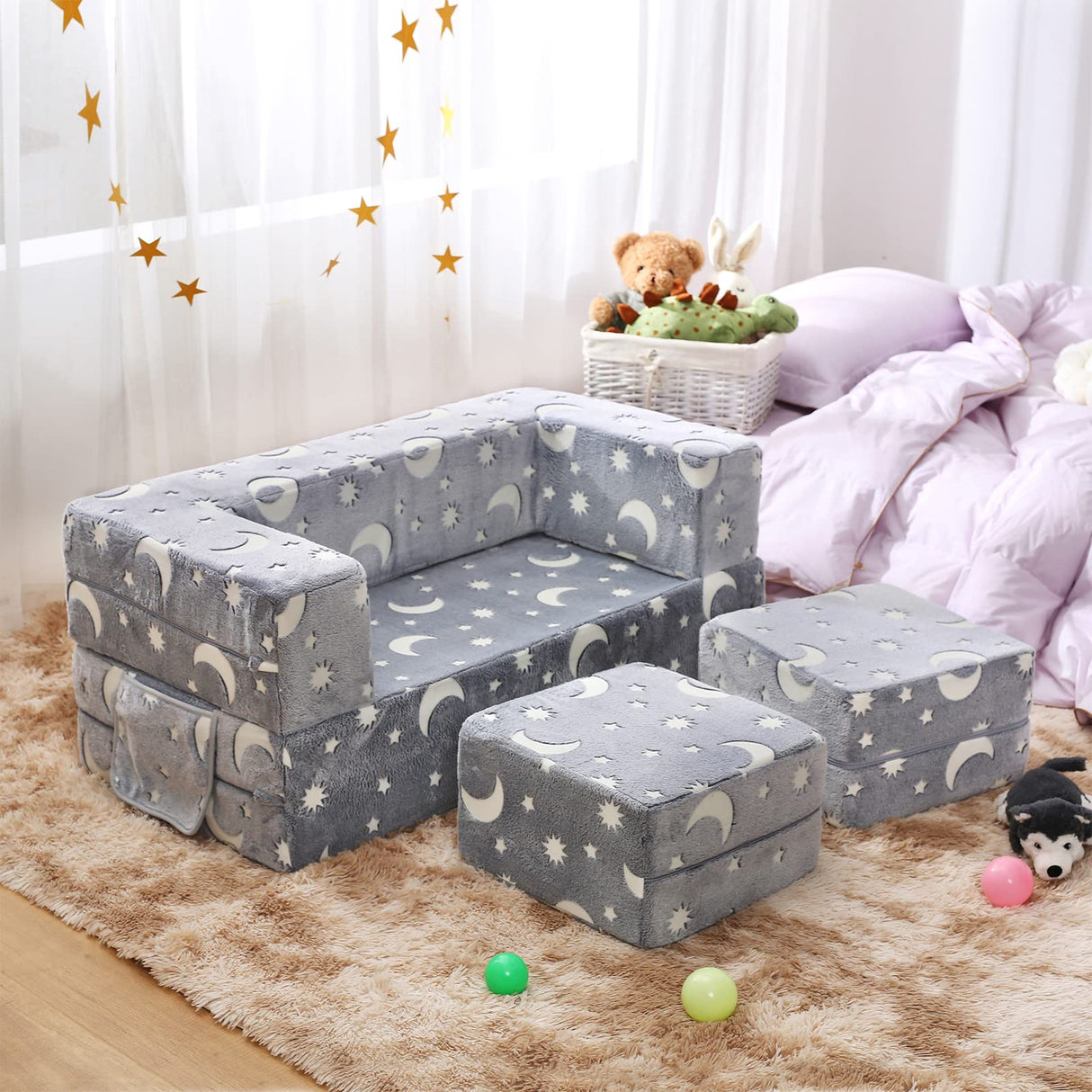 Kids Couch, Glow in The Dark Modular Kids Explore Sofa for Toddler 3 in 1 Fold Out Kids Toddler Sofa, Convertible Plush Toddler Couch with Washable and Durable Covers