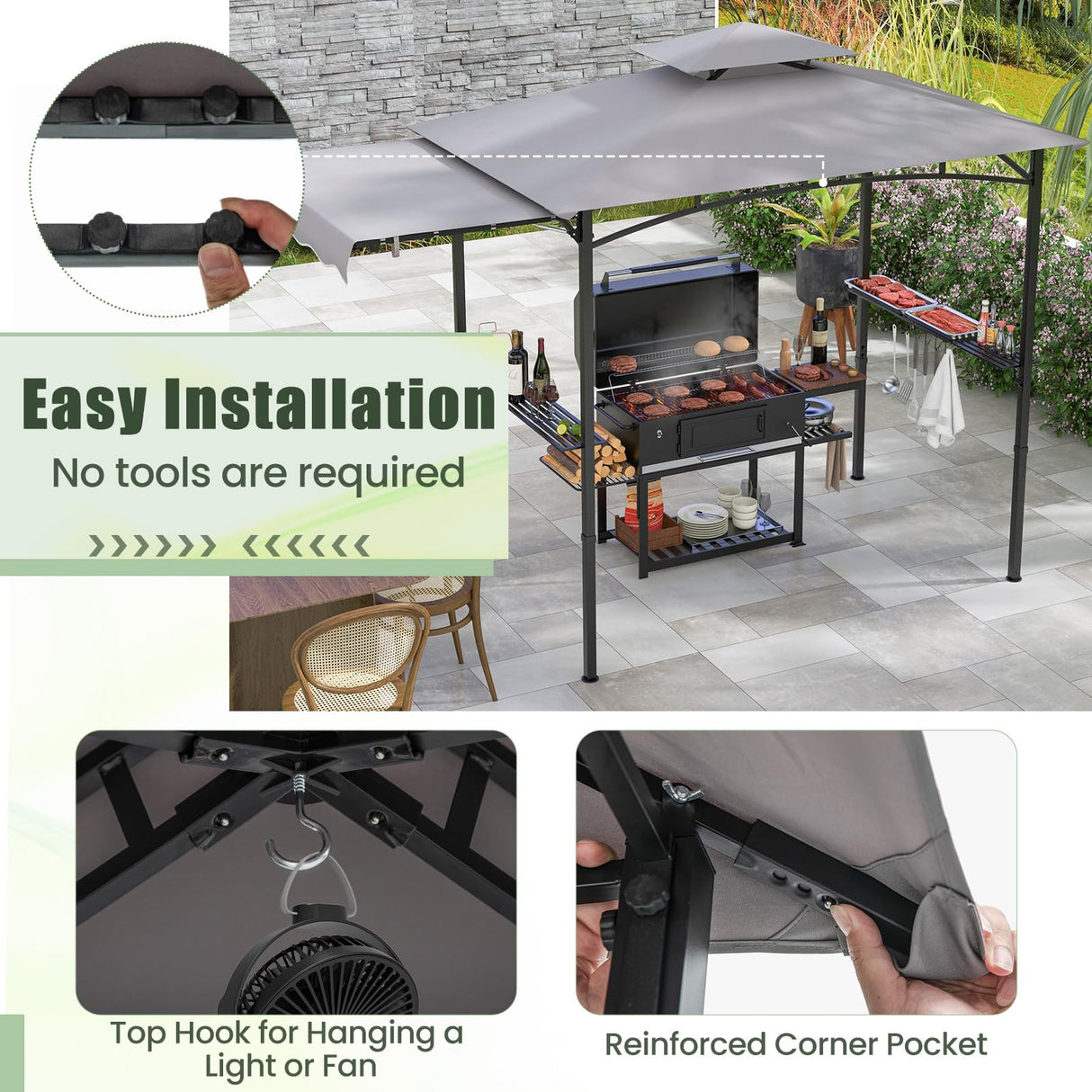 Grill Gazebo with Side Awning, 318 cm x 153 cm Outdoor BBQ Gazebo w/ 2 Side Shelves, Hanging Hooks & Bottle Opener, Double-Tiered Barbecue Canopy for Backyard, Patio, Garden, Deck