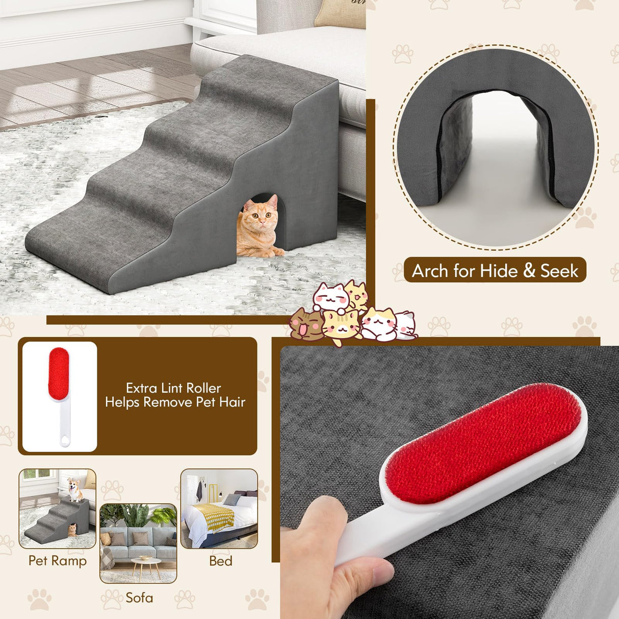 4-Tier High Density Foam Dog Ramps, Extra Wide Pet Stairs with Non-slip Bottom for High Beds & Couches, Pet Steps with Washable Cover, Arch & Lint Roller for Old Dogs, Injured Pets, Grey