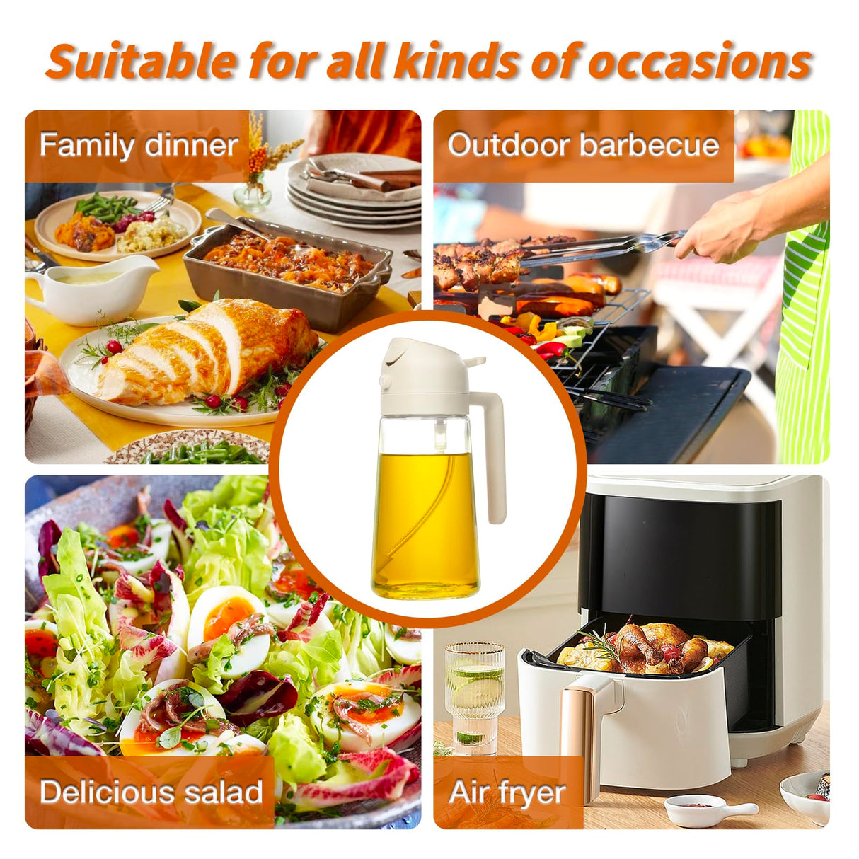 Oil Sprayer for Cooking, 2 in 1 Olive Oil Dispenser Bottle for Kitchen, 16oz/470ml Glass Oil Bottle with Premium Nozzle, Food-grade Oil Mister for Air Fryer, Salad, Frying, BBQ (White)