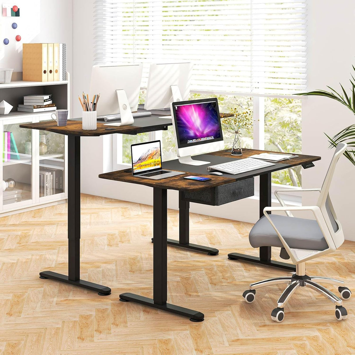 Electric Height Adjustable Standing Desk, Ergonomic Sit Stand Desk, Stand up Computer Workstation w/USB Charging Port, Storage Drawer, 2 Cable Holes, for Home Office 140 x 70 cm