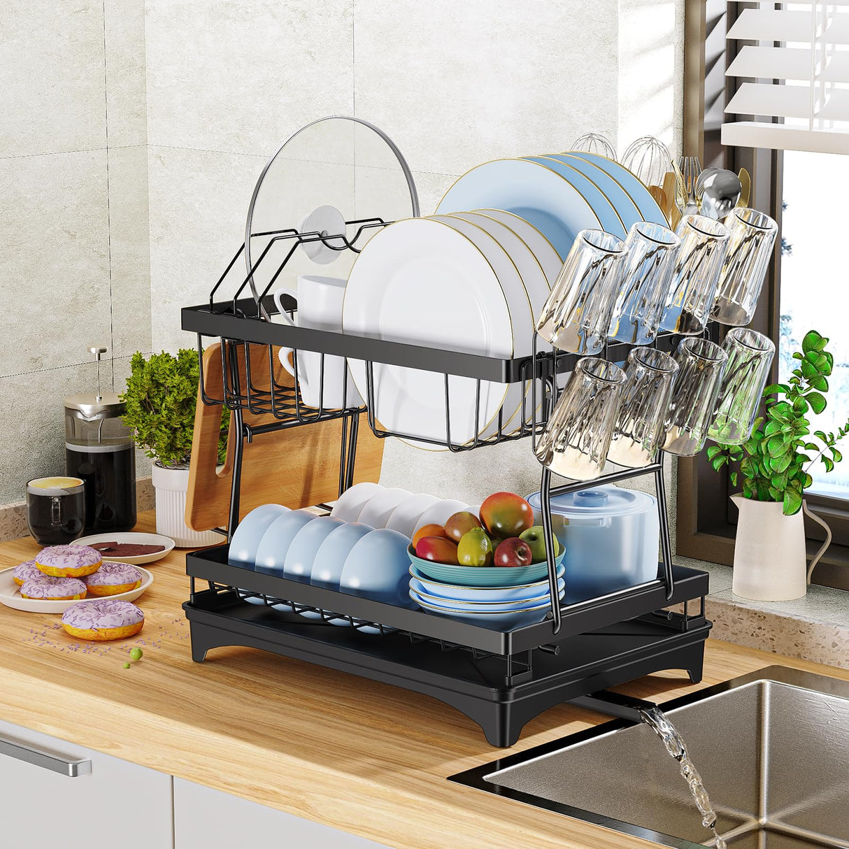 2 Tier Large Dish Drying Rack with Drip Tray, Detachable Dish Drainer Rack with Swivel Drainage Spout, Cutting-Board Holder, Cup Holder, Organize Shelf with Utensil Holder Set, Black