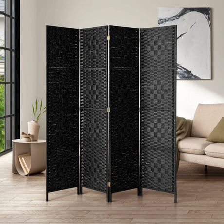 4 Panels Room Divider,Foldable Wooden Privacy Screen Dividers Partition Wall Screens for Home Pet Child Balcony Bedroom Bathroom, Portable Rattan Partition Separator Water-resistant,Black