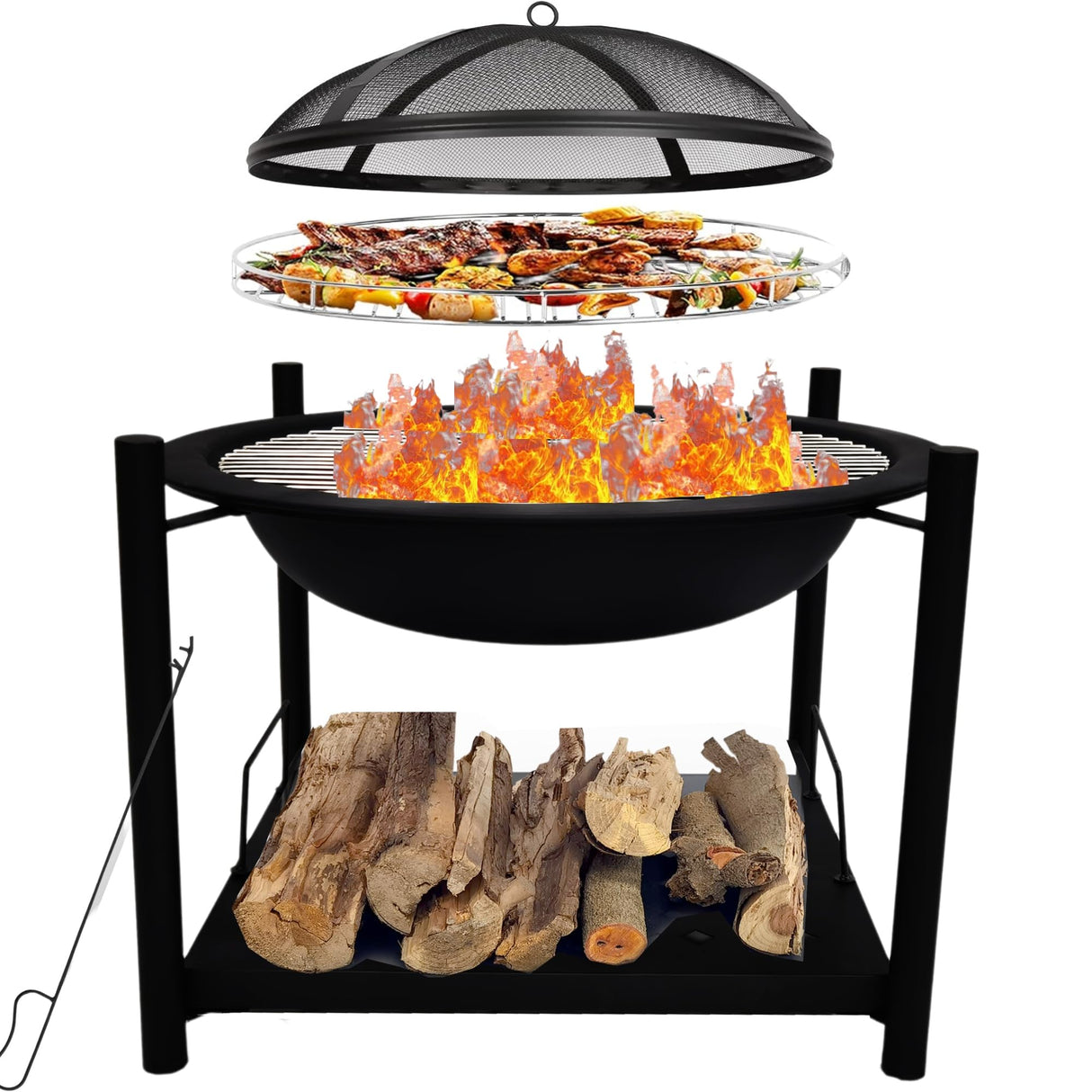 Portable Outdoor Wood Fire Pit - 2-in-1 Steel BBQ Grill 26" Wood Burning Fire Pit Bowl w/Mesh Spark Screen, Cover Log Grate, Wood Fire Poker for Camping, Picnic, Bonfire